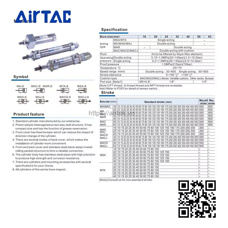 Thông số kỹ thuật Xi lanh MAJ40x40-50S series