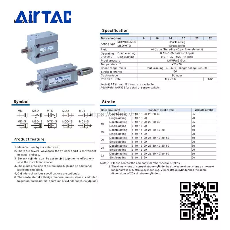 Thông số kỹ thuật Xi lanh MD32x50S series