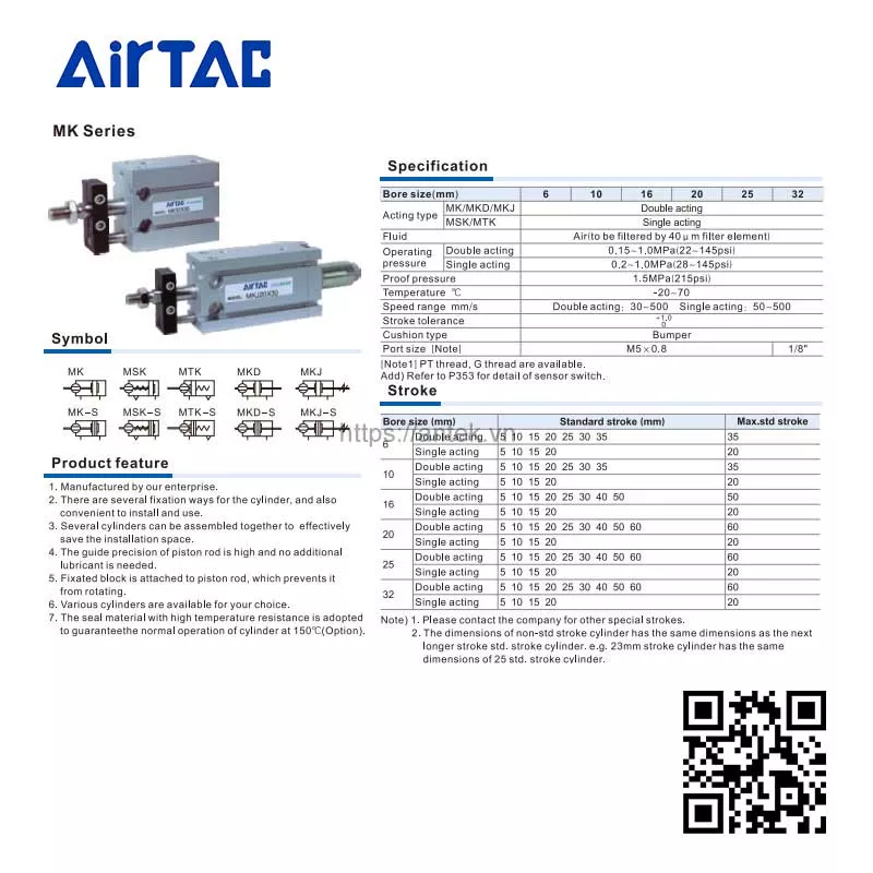 Thông số kỹ thuật Xi lanh MK10x10 series