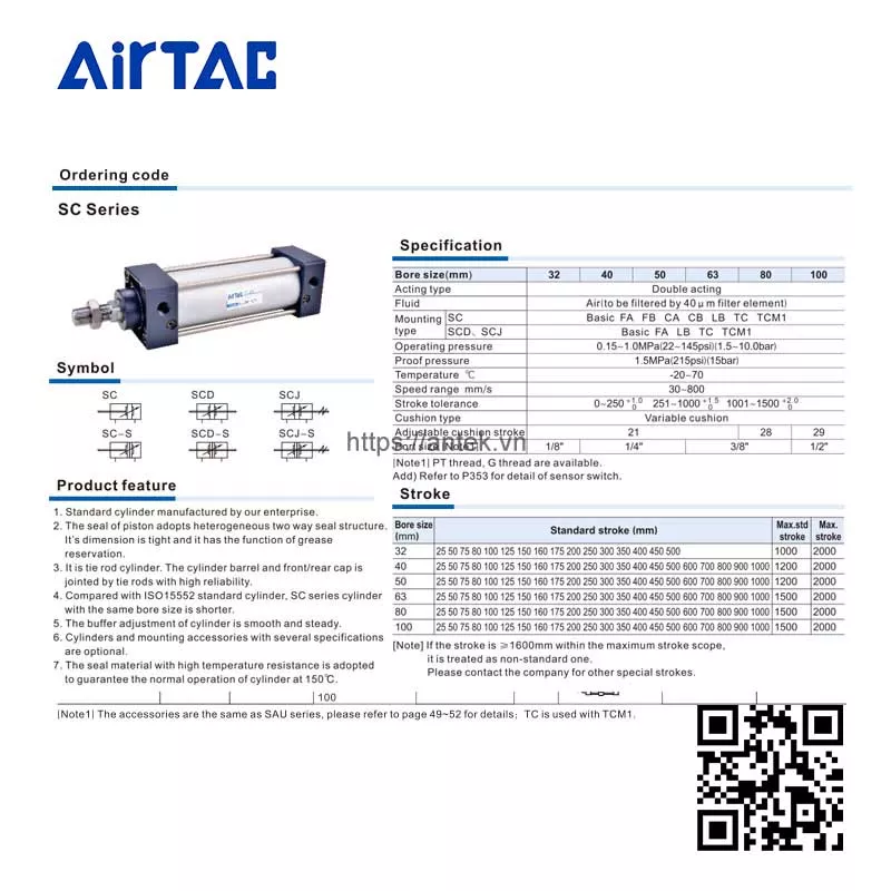 Thông số kỹ thuật Xi lanh SCT40x100x50S series