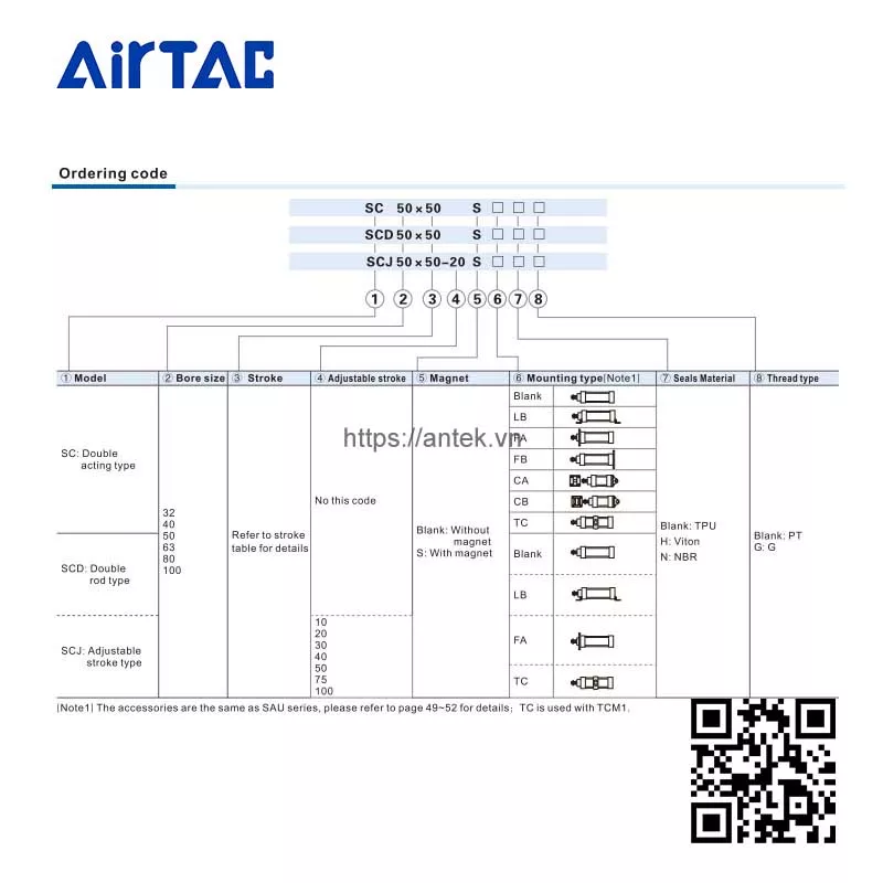 Thông tin đặt hàng Xi lanh SCT50x200x250 series