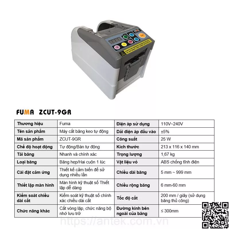 Thông số kỹ thuật máy cắt băng keo Fuma Fuma Zcut-9GR