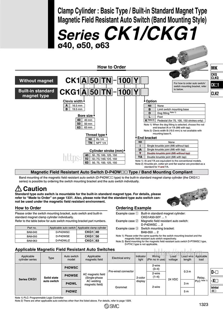 Thông số đặt hàng Xi lanh CKG1B63-75Y