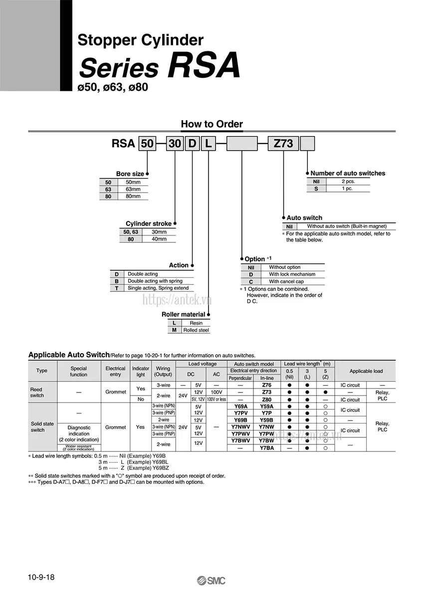 Thông số đặt hàng Xi lanh RSA50-30DL
